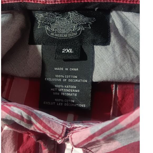 Harley Davidson Men’s 2XL Plaid Button Up Shirt Red Black White Cotton Long - Picture 7 of 8